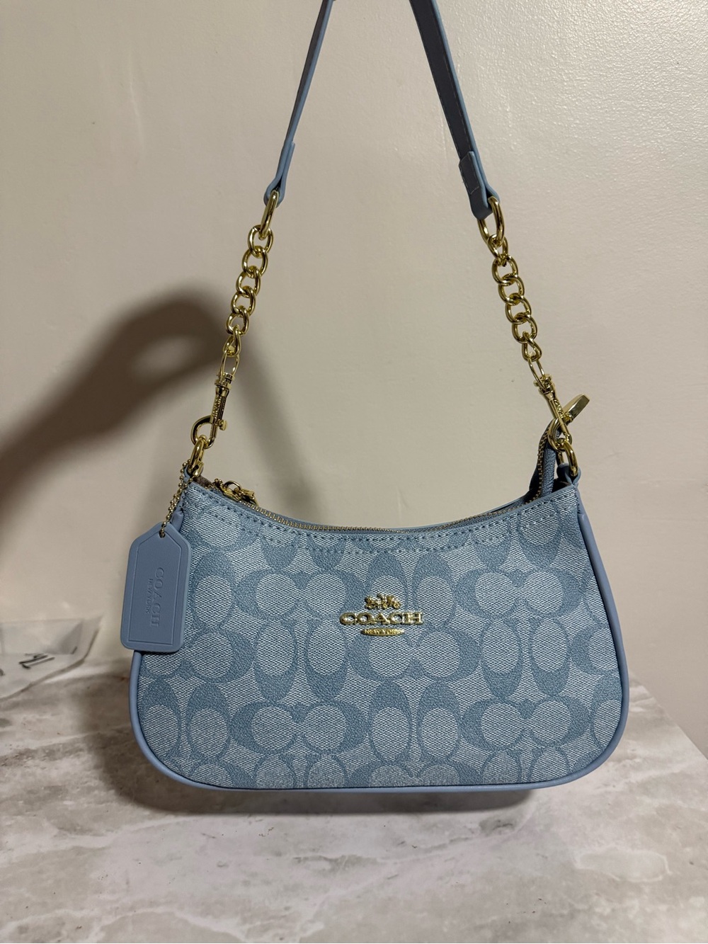 Coach Mini Shoulder Bag in Light Blue with Gold Hardware